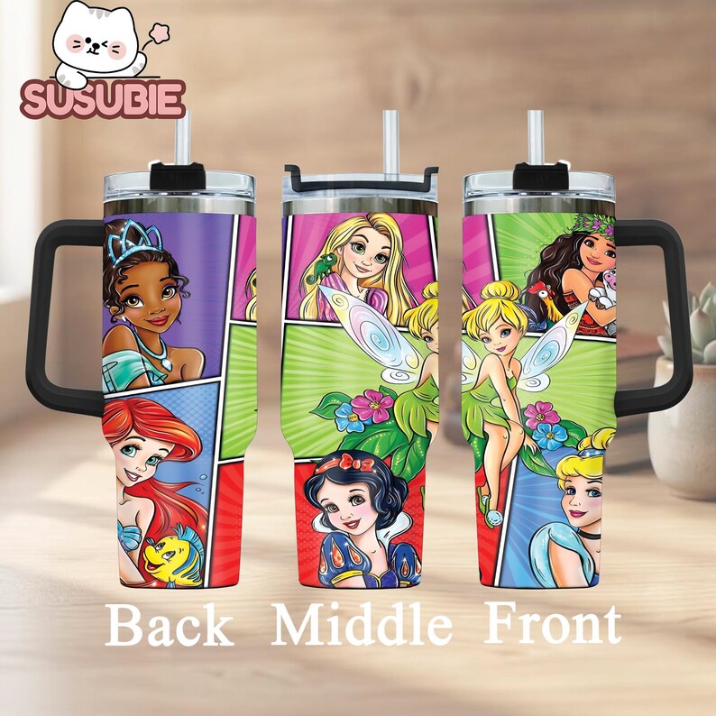 three colorful tumblers with cartoon character designs on them.