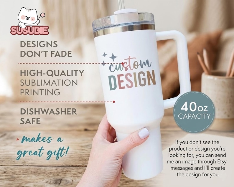 A person's hand holding a white insulated tumbler with a custom design on it, along with text describing the features of the product.