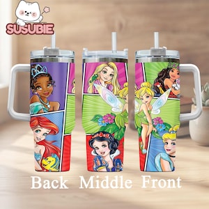 three colorful tumblers with cartoon character designs on them.