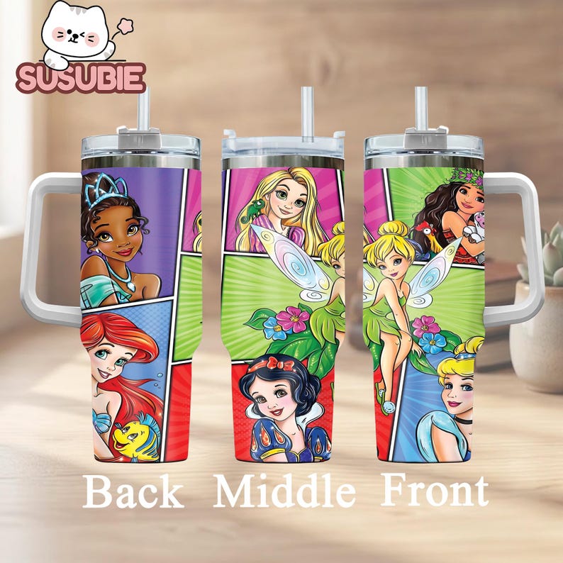 three colorful tumblers with cartoon character designs on them.