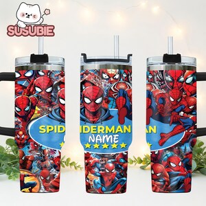 A personalized stainless steel tumbler mug featuring the Spider-Man characters from the Marvel Comics universe.