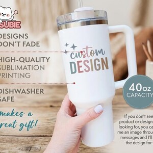 A person's hand holding a white insulated tumbler with a custom design on it, along with text describing the features of the product.