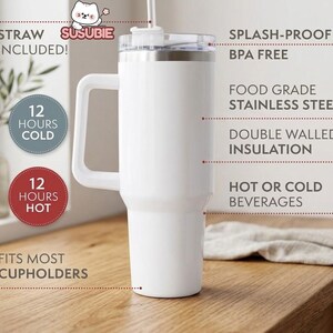 A white stainless steel thermos with a straw, labeled as a "Straw Included!" and "SPLASH-PROOF Lid" with a "BPA Free" label. The thermos has a "12 HOURS COLD" and "12 HOURS HOT" feature, and is described as "Food Grade Stainless Steel" and "Double Walled Insulation". It is also referred to as "The Most Upcycled Cup Holders" and "The Most Upcycled Straws".