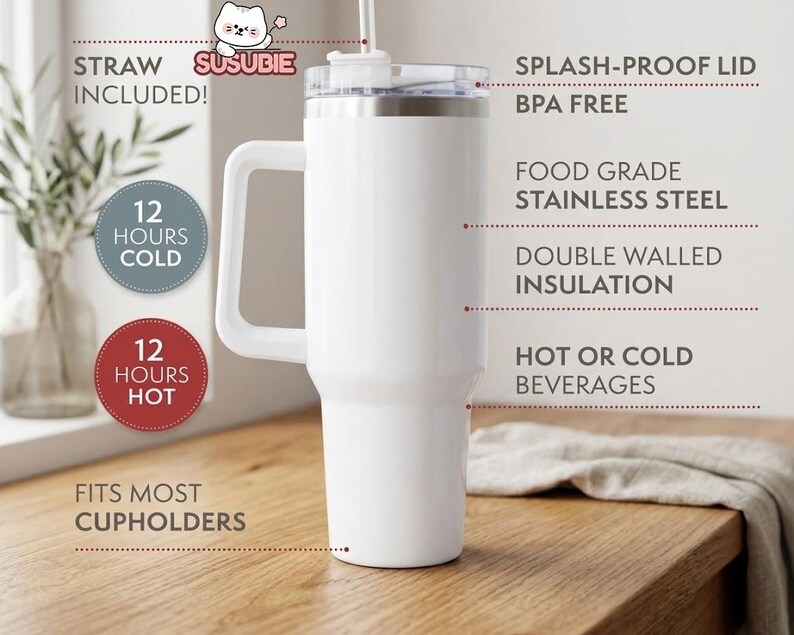 A white stainless steel thermos with a straw, labeled as a "Straw Included!" and "SPLASH-PROOF Lid" with a "BPA Free" label. The thermos has a "12 HOURS COLD" and "12 HOURS HOT" feature, and is described as "Food Grade Stainless Steel" and "Double Walled Insulation". It is also referred to as "The Most Upcycled Cup Holders" and "The Most Upcycled Straws".