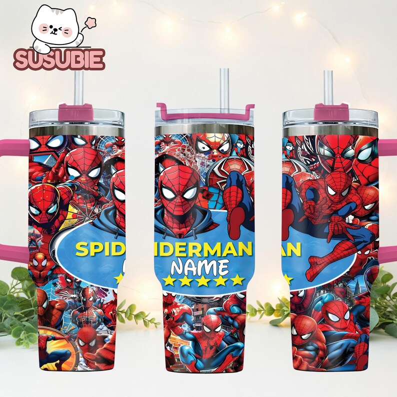 A personalized stainless steel tumbler with a Spiderman theme, featuring the character's iconic design and various Spiderman poses.