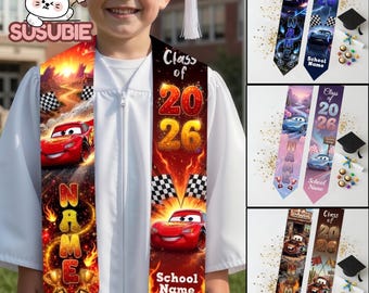 Lightning McQueen Cars Graduation Stole Personalized, Disney Cars Kids Graduation Sash, Kindergarten Custom Name Class of 2026