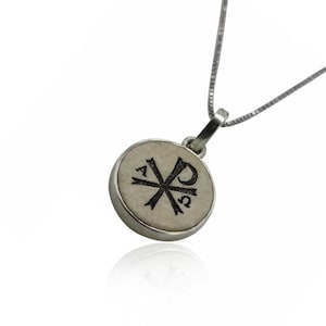 Chi rho on Jerusalem stone silver necklace pendant - free shipping