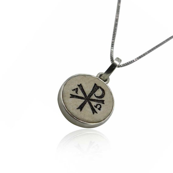 Chi Rho On Jerum Stone Silver Necklace Pendant Free - Chi Rho Pendant Chi Rho On Jerum Stone Silver Necklace Pendant Free - Chi Rho Pendant