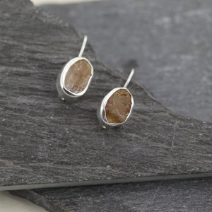 May include: A pair of silver earrings with brown, raw, gemstone stones.