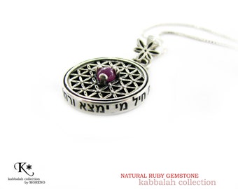 Eishet Chayil and Flower of life  silver & Ruby necklace pendant - free shipping