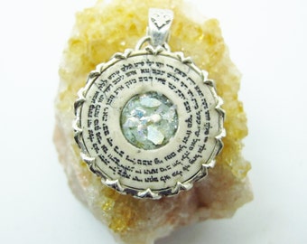 kabbalah 72 name of god Roman glass and Jerusalem stone silver necklace pendant - free shipping