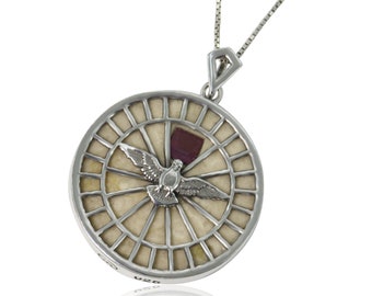 Guardian of Peace: Holy Spirit Stained glass window Vatican NANO BIBLE Israel Stone - Jerusalem / Eilat / Black basalt Stone silver pendant
