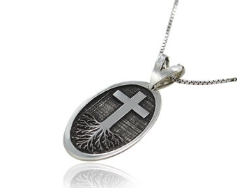 Elliptic shaped  Latin Roots cross necklace pendant - free shipping