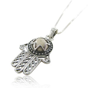 Jerusalem stone Hamsa silver necklace pendant - free shipping