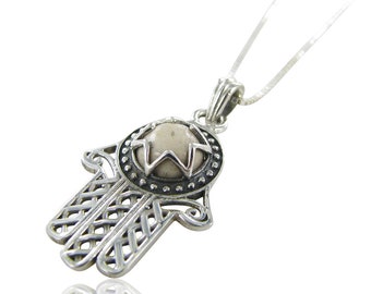 Jerusalem stone Hamsa silver necklace pendant - free shipping