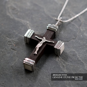 One of a kind Sacred Union: The Crucifixion of Jesus on Ebony and Jerusalem Stone and zircons Pendant free shipping -L-SIZE