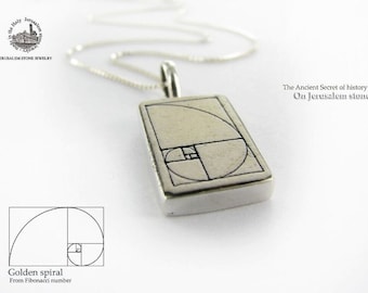 Fibonacci Golden spiral  on Jerusalem stone silver necklace pendant - free shipping