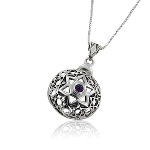 Galactic Shield: Multi-Star Magen David with Gemstone Essence pendant silver + Cat&#39;s eye chrysoberyl / Ruby / Amethyst / Garnet / Onyx