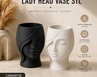 Lady Head Vase STL | Abstract Woman Face Planter | Modern Minimalist Decor | Digital Download