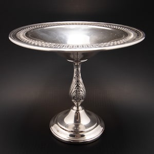 May include: A silver-colored, pedestal serving dish with a round, slightly concave top. The rim features a detailed, repeating pattern. The stem is ornate with a floral design, and the base is circular. The dish is set against a dark background.