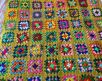 Handmade Crochet Granny Square Throw Blanket Multicolor Afghan Yellow 48" 60"