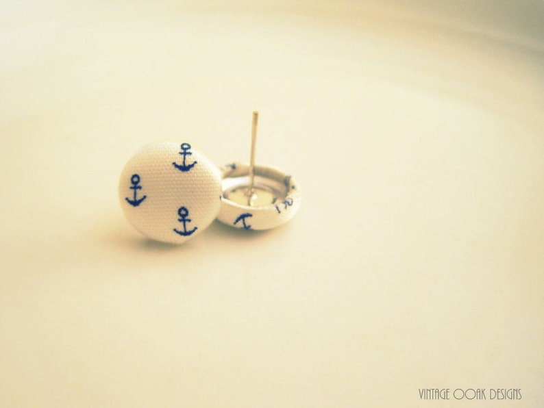 Nautical Studs Anchor Earrings Bridesmaid Studs Fabric Button Studs Seashell Earrings Nautical Earrings Button Studs Button Earrings
