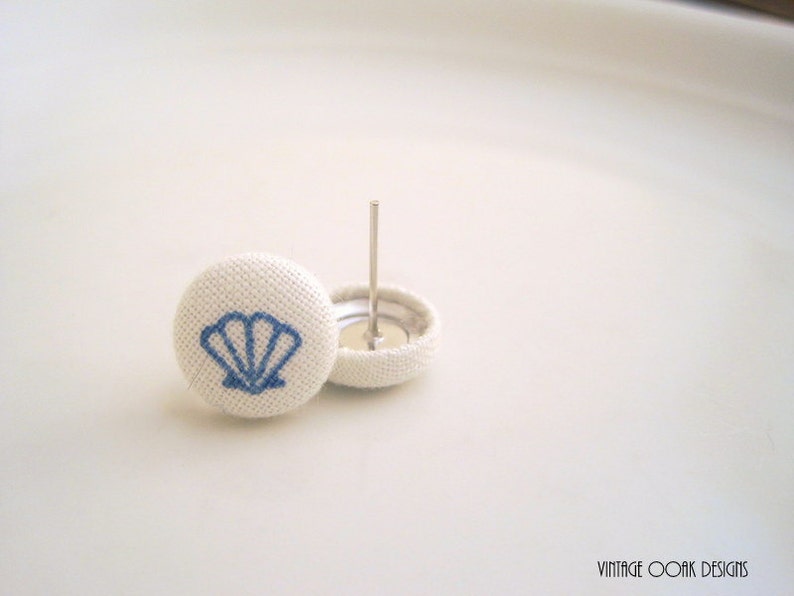 Nautical Studs Anchor Earrings Bridesmaid Studs Fabric Button Studs Seashell Earrings Nautical Earrings Button Studs Button Earrings