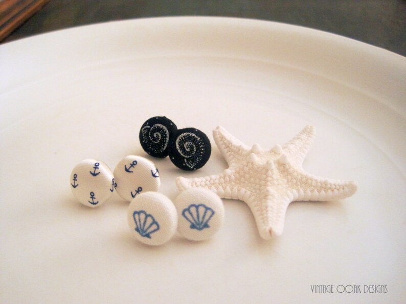 Nautical Studs Anchor Earrings Bridesmaid Studs Fabric Button Studs Seashell Earrings Nautical Earrings Button Studs Button Earrings