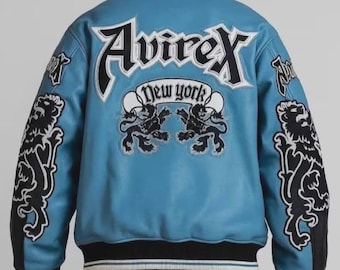 Avirex New York Lion Patch Leather Jacket – Retro Varsity Bomber for Men