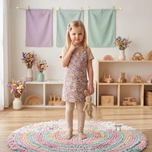 以下が含まれることがあります： ピンク、パープル、グリーンの花柄のジャンパースカート。ベージュの半袖Tシャツとベージュのレギンスの上に着用しています。スクエアネックのストレートシルエットのドレスで、小さなベージュのウサギのぬいぐるみを手に持っています。