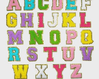 Opplakken chenille-letterpatch | Zelfklevende Varsity-letterpatch | DIY-letterpatch | Gouden glitter letterrand | Borduurpatch