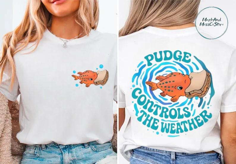 The image is a collage of two photos. In the first photo, a woman is wearing a white t-shirt with a graphic of an orange fish and the text "Pudge Controls the Weather" printed on it. In the second photo, the woman is wearing a white t-shirt with a graphic of an orange fish and the text "Pudge Controls the Weather" printed on it, but the text is upside down.