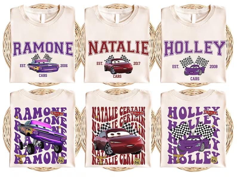 six white t-shirts with purple and red designs featuring characters from the animated movie Cars. The t-shirts are arranged in a grid with three rows and two columns.