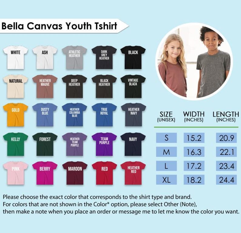 The image is a collage of various t-shirt designs, including different colors and styles, along with a photo of two young people wearing the t-shirts. The image also includes size and color information for the t-shirts, as well as instructions for choosing the correct color that corresponds to the shirt type and brand.
