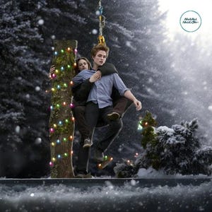 May include: A winter scene with two people, one carrying the other. A tree is decorated with colorful Christmas lights. Snow is falling, and the background features a snowy forest. The image has a romantic and festive theme.
