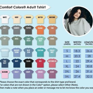 The image is an adult t-shirt design featuring a variety of colors and sizes, along with a portrait of a woman. The design includes a color chart and size and length measurements for different shirt styles.