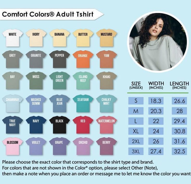 The image is an adult t-shirt design featuring a variety of colors and sizes, along with a portrait of a woman. The design includes a color chart and size and length measurements for different shirt styles.