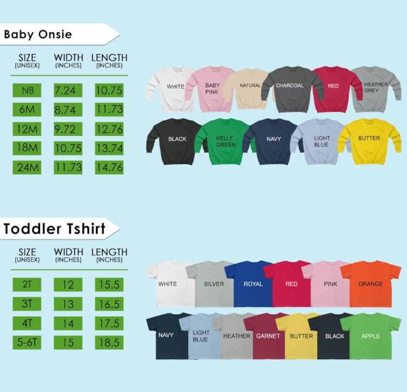 a collection of baby and toddler clothing items, including t-shirts and sweatshirts, with sizes and corresponding colors. The image is a collage of various clothing items, and it does not contain any text that can be described in detail.