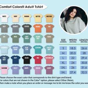 The image is an adult t-shirt design featuring a variety of colors and sizes, along with a portrait of a woman. The design includes a color chart and size and length measurements for different shirt styles.
