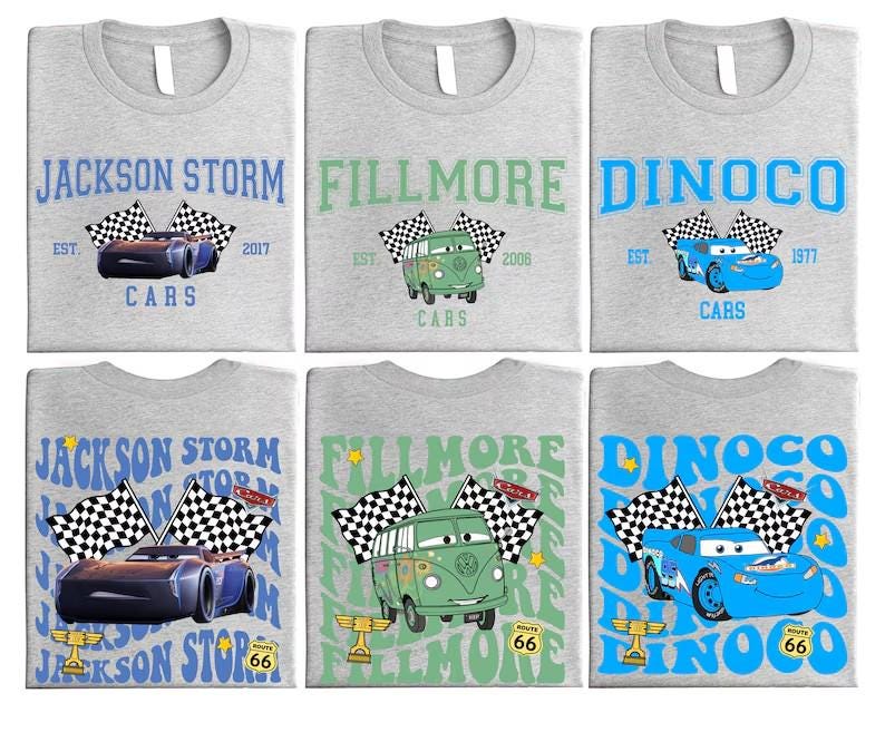 six gray t-shirts with various designs related to the popular animated movie "Cars". The designs include cars, checkered flags, and text related to the movie.