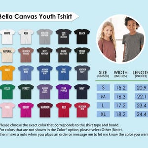 The image is a collage of various t-shirt designs, including different colors and styles, along with a photo of two young people wearing the t-shirts. The image also includes size and color information for the t-shirts, as well as instructions for choosing the correct color that corresponds to the shirt type and brand.