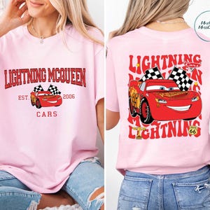 The image is a collage of two photos featuring a woman wearing a pink t-shirt with a design of Lightning McQueen and a red race car.