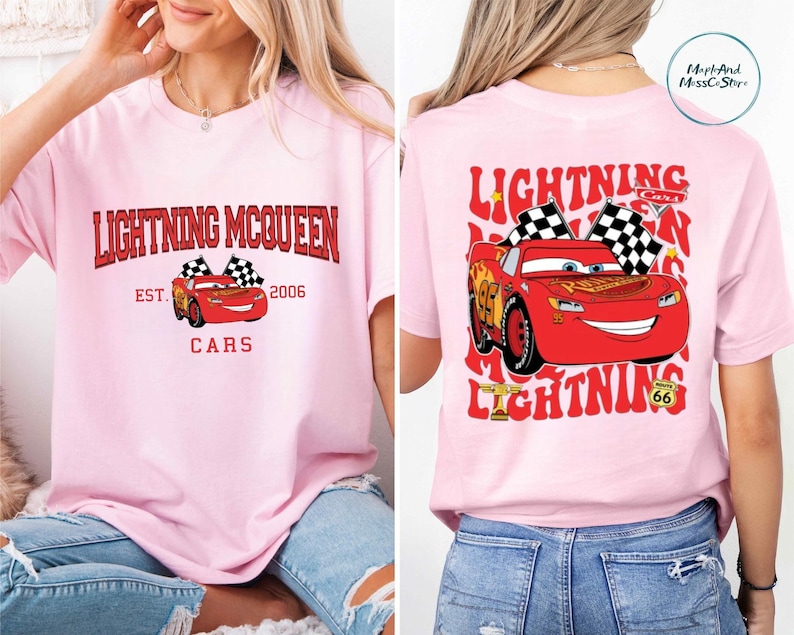 The image is a collage of two photos featuring a woman wearing a pink t-shirt with a design of Lightning McQueen and a red race car.