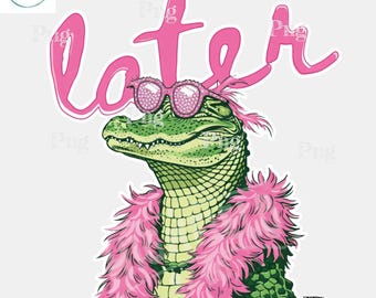Más tarde, Alligator PNG - Cocodrilo coqueto rosa con gafas de sol Diseño de sublimación