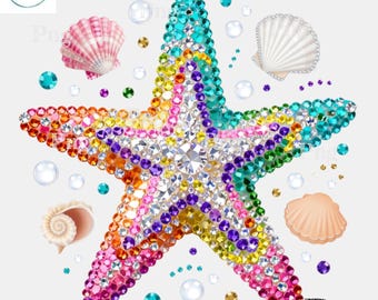 Rainbow Jeweled Starfish PNG - Sparkly Strass Starfish Seashell Diamond Sublimation Design