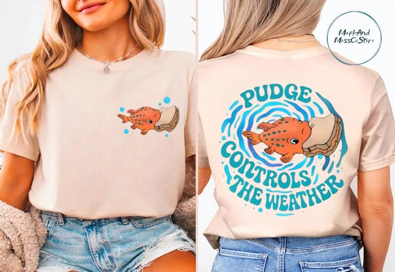 The image is a collage of two photos featuring a woman wearing a white t-shirt with a graphic design on the back. The design includes an orange fish and the text "Pudge Controls the Weather".