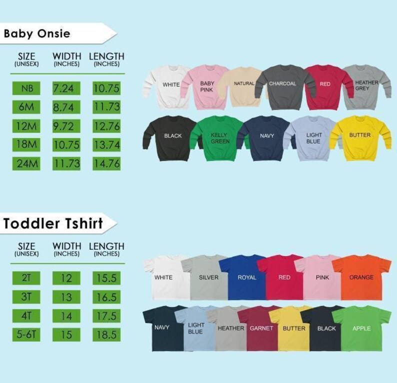 a collection of baby and toddler clothing items, including t-shirts and sweatshirts, with sizes and corresponding colors. The image is a collage of various clothing items, and it does not contain any text that can be described in detail.
