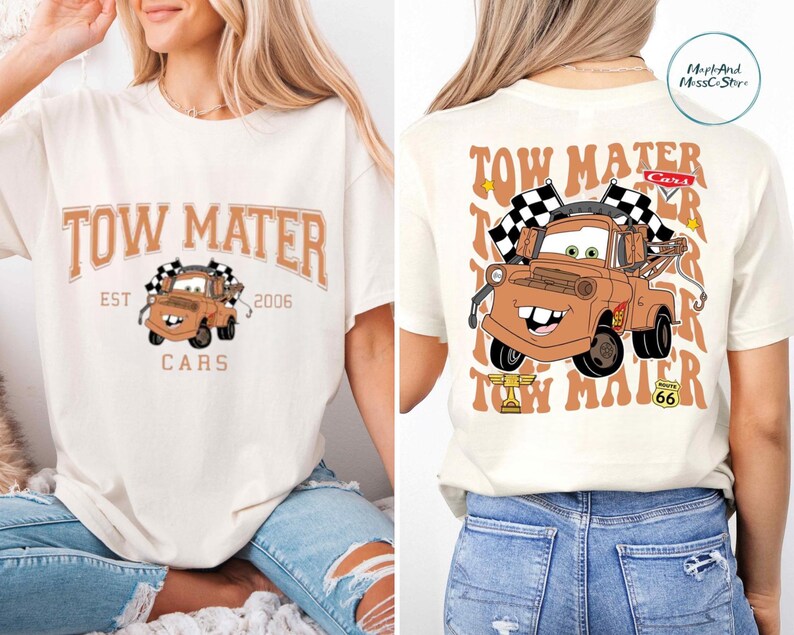 The image is a collage of two photos featuring a white t-shirt with a cartoon tow truck design and text.