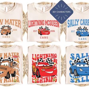 six t-shirts featuring the characters Lightning McQueen and Sally Carrera from the animated movie Cars. The t-shirts are arranged in a grid, with each shirt displaying a different design and color scheme.