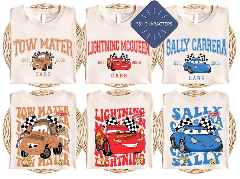 six t-shirts featuring the characters Lightning McQueen and Sally Carrera from the animated movie Cars. The t-shirts are arranged in a grid, with each shirt displaying a different design and color scheme.